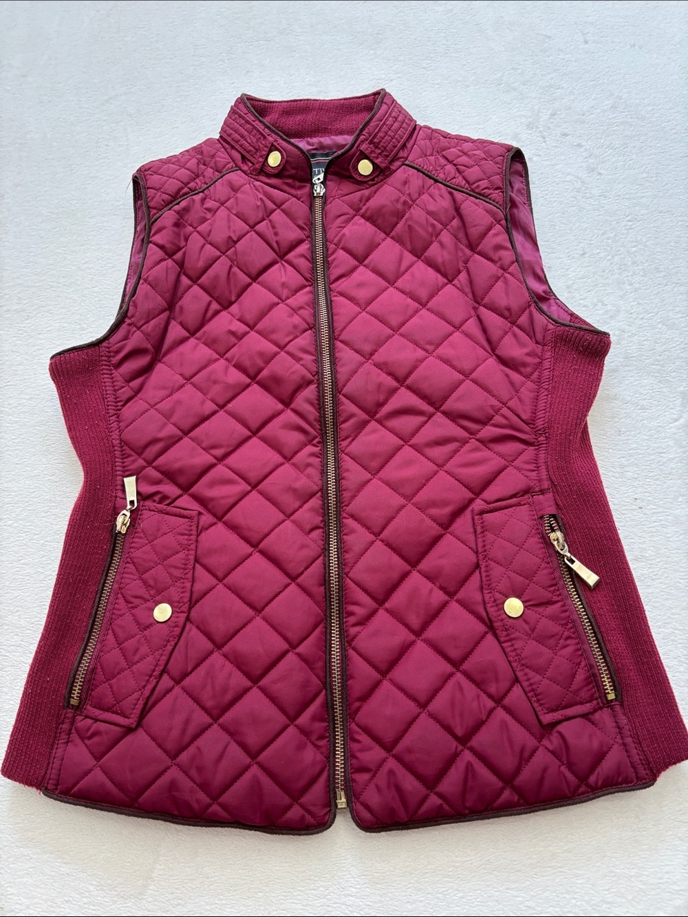 Active USA Quilted Sleeveless Vest in Burgundy with Gold Hardware